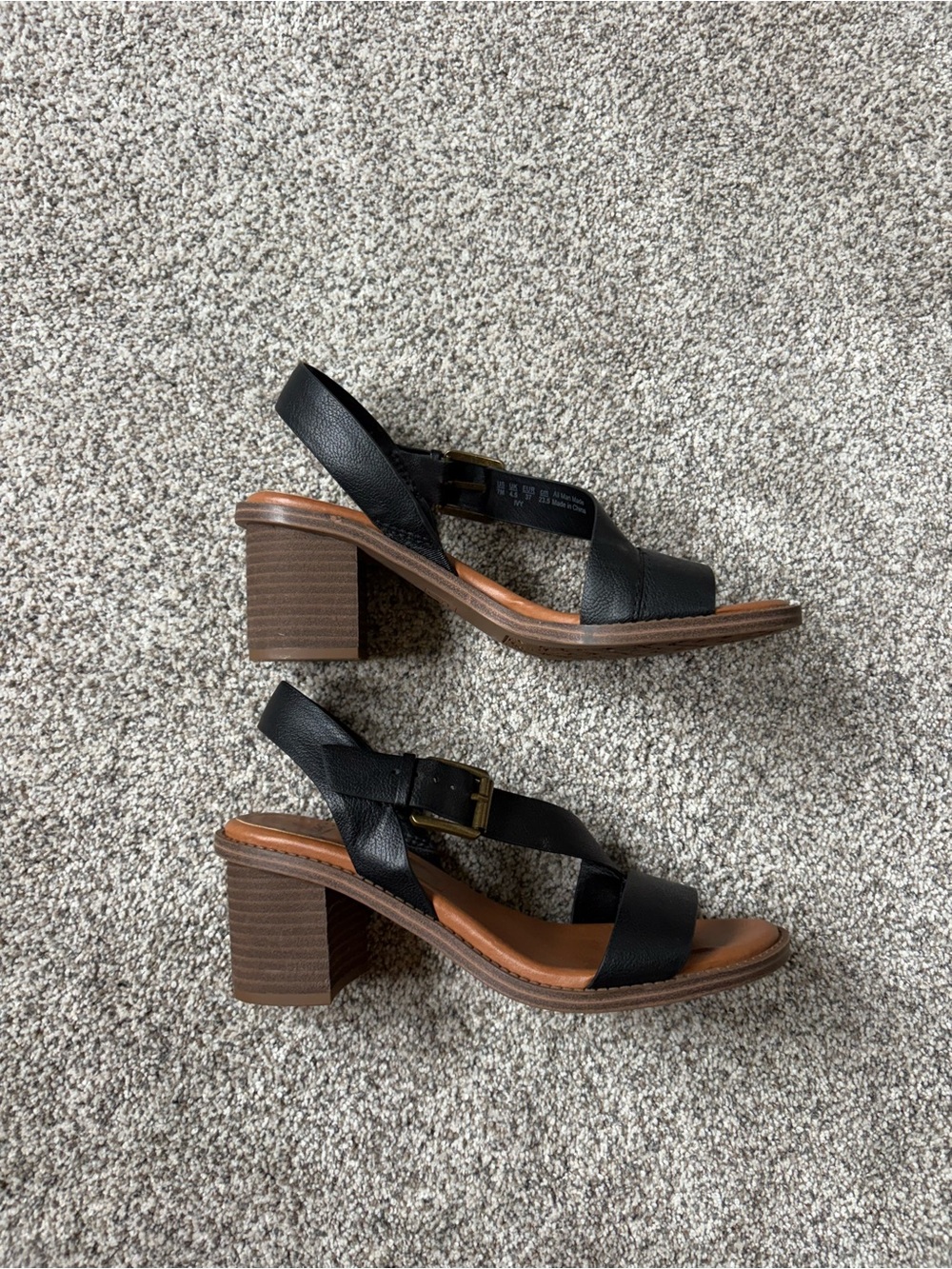 Zodiac Black Leather Block Heel Sandals with Brown Wood-Effect Heel